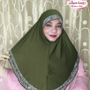 অলিভ গ্রিন বর্ডার স্টোন ওয়ার্ক রেডি হিজাব DSM37