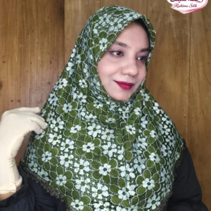অলিভ গ্রিন প্রিন্ট শর্ট নেট রেডি হিজাব N27