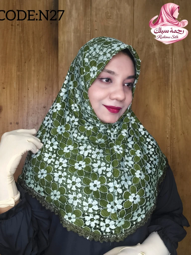 অলিভ গ্রিন প্রিন্ট শর্ট নেট রেডি হিজাব N27