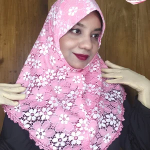 পিংক প্রিন্ট শর্ট নেট রেডি হিজাব N44